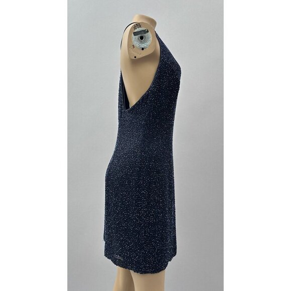 Y2K Bieff Basix Silk V-Neck Beaded Sleeveless Cocktail Dress Navy Blue Womens 12 - Picture 5 of 10